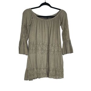 POL‎ Women's Olive Green Off Shoulder Bell Sleeve Boho Lace Trim Top Size Small
